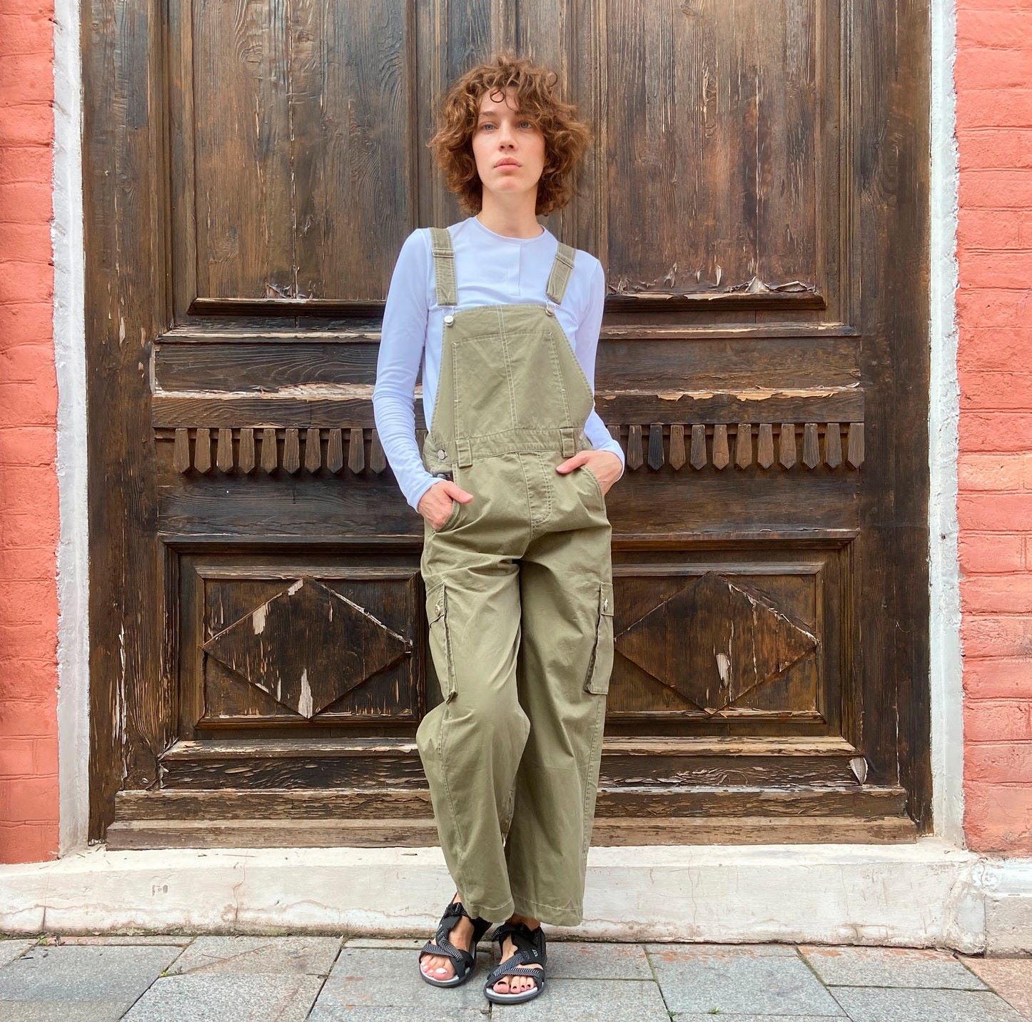 Construction-style jumpsuit pattern with straps
