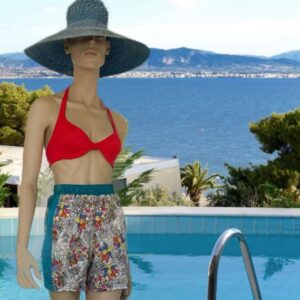 00405 Is a model of free-volume beach shorts with stripes.