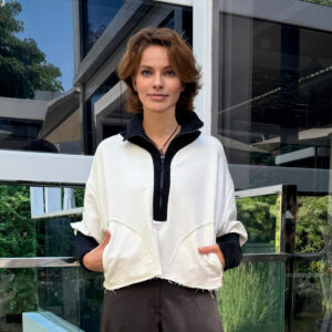 0601 A sweater model with patch pockets.